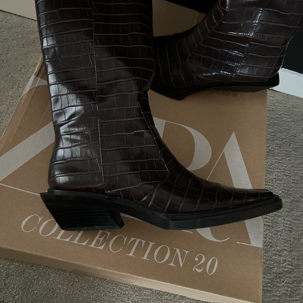 Zara Dark Brown Croc-Embossed Knee Boots - Picture 4 of 5